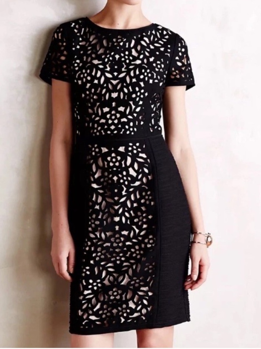 Anthropologie Maeve Basalt Laser Cut Sheath Dress Black Cream Size 2